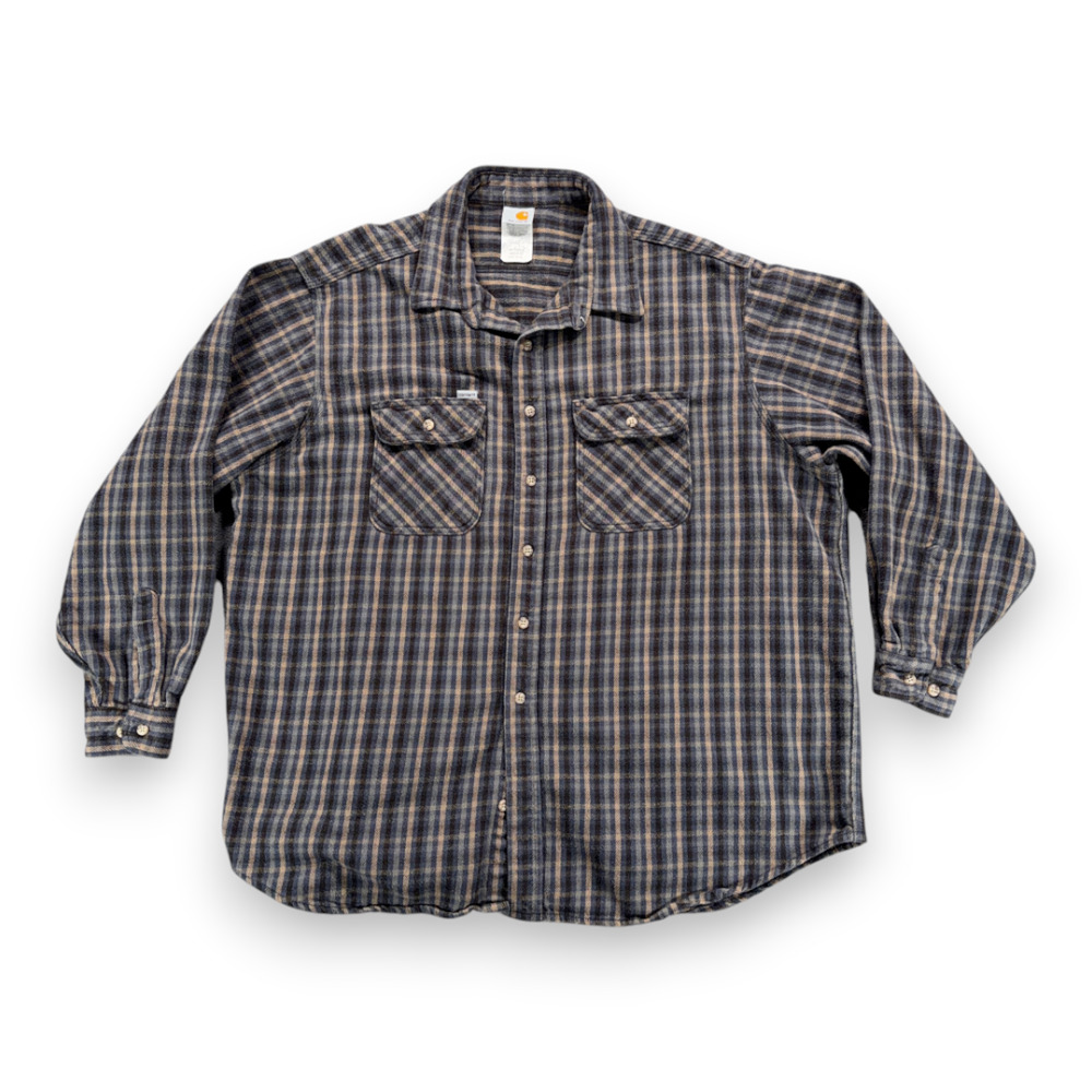 Vintage Carhartt Shirt Adult 3XL XXXL Blue Brown Plaid Flannel Workwear USA 90s